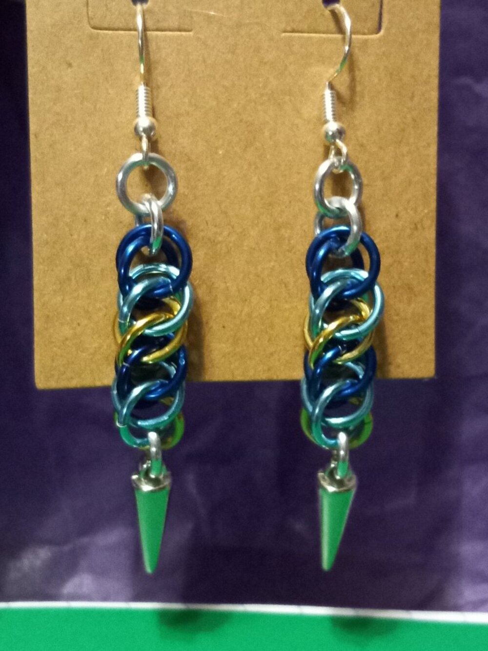 Blue & Gold Spiked Chain Mail Earrings
